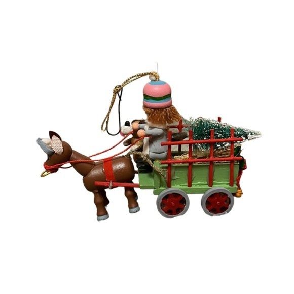 Kurt Adler Wooden Horse Drawn Cart Christmas Tree Ornament Vintage - Picture 1 of 5